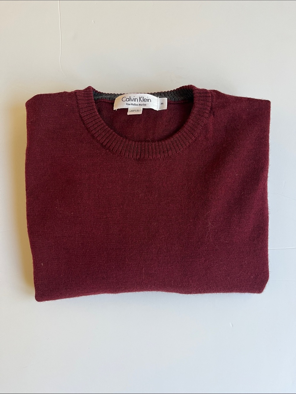 Calvin Klein Fine Italian Merino Wool Crewneck Sweater Burgundy Medium